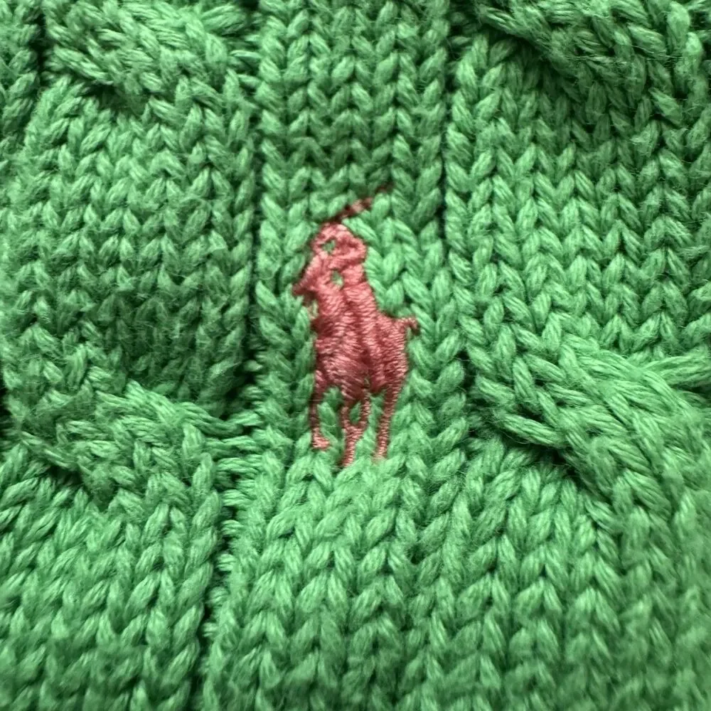 Ralph Lauren Sport Cable Knit Sweater Size M Green V Neck Pink Pony Logo